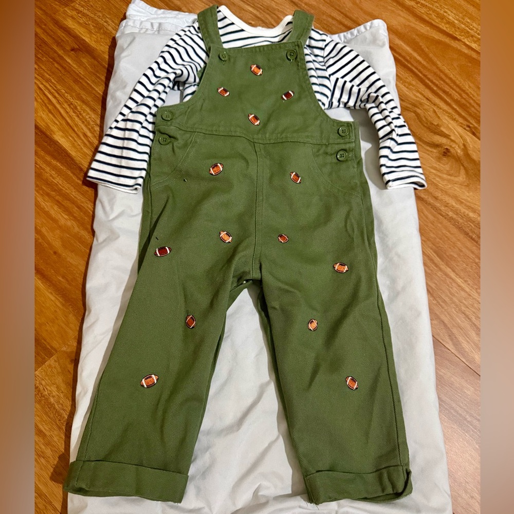 Olive Green Embroidered Kids Overalls with Striped Long Sleeve